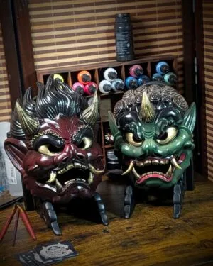 Two finished Dai Yokai masks