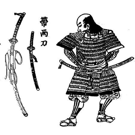 Estampa japonesa com samurai e tachi, referência histórica do guerreiro japonês