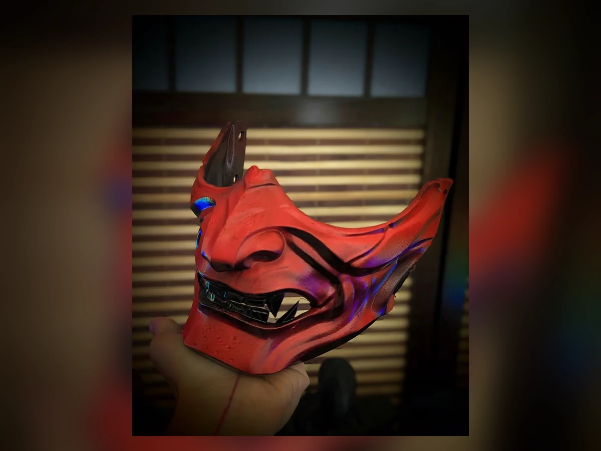 Demi-masque Mempo samouraï rouge fabriqué et peint à la main par Dai Yokai