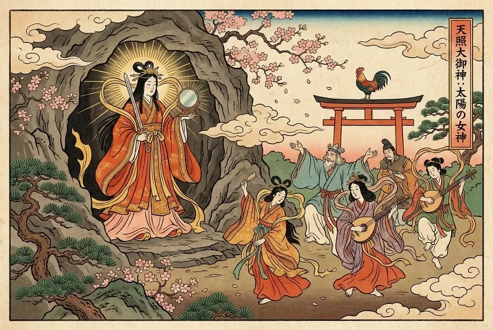 Ilustración moderna de Amaterasu saliendo de la cueva con un espejo ante los kami