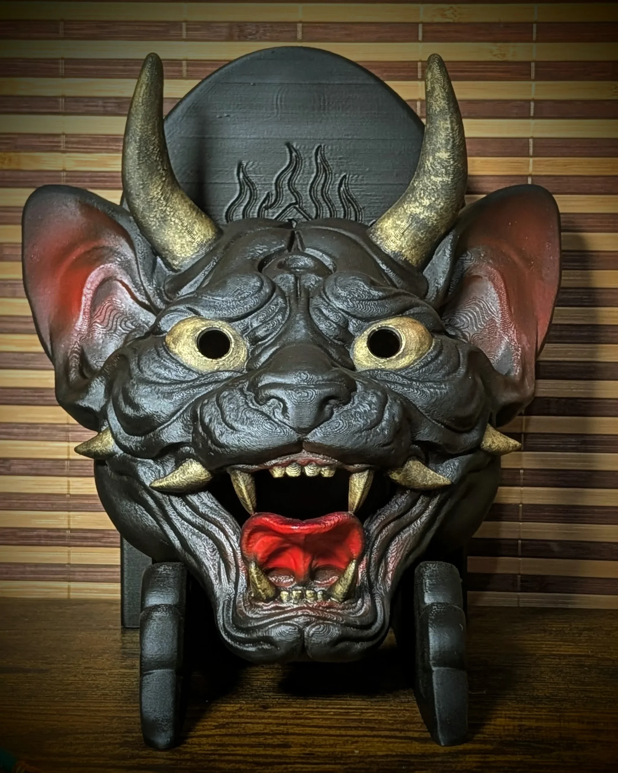 Close-up of the black Neko Hannya Demon Cat Mask