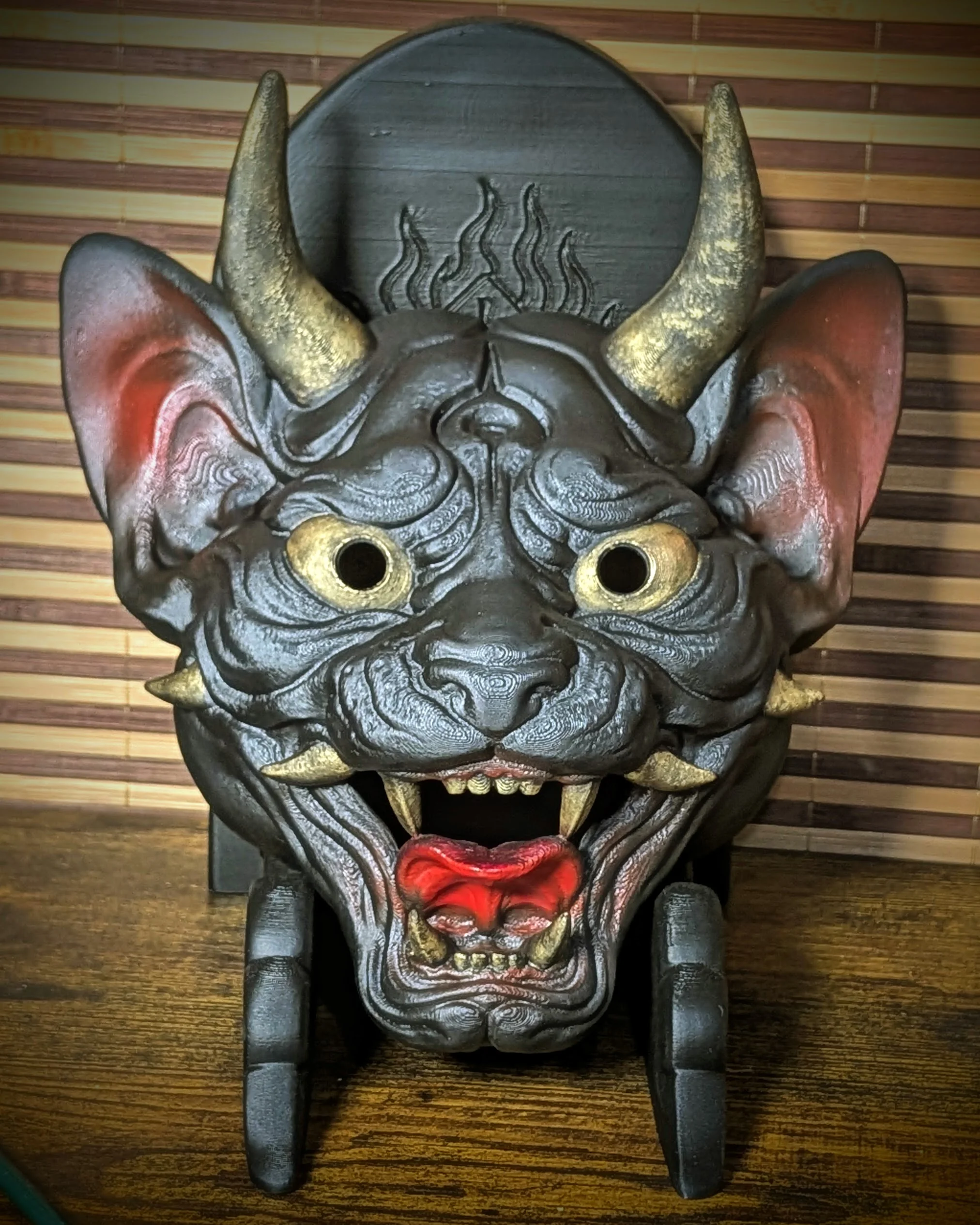 Black Neko Hannya Demon Cat Mask, front view