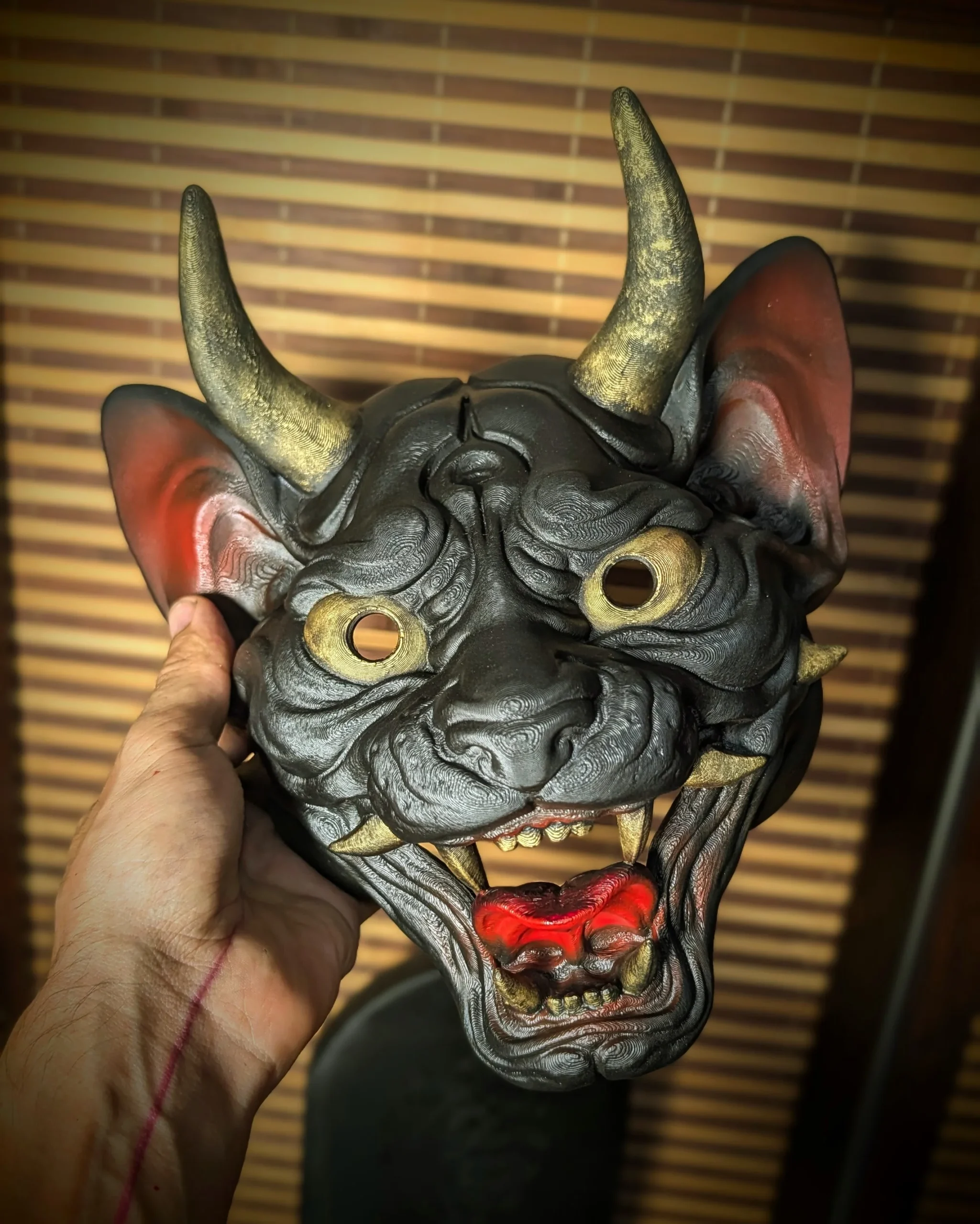 Black Neko Hannya Demon Cat Mask held in hand