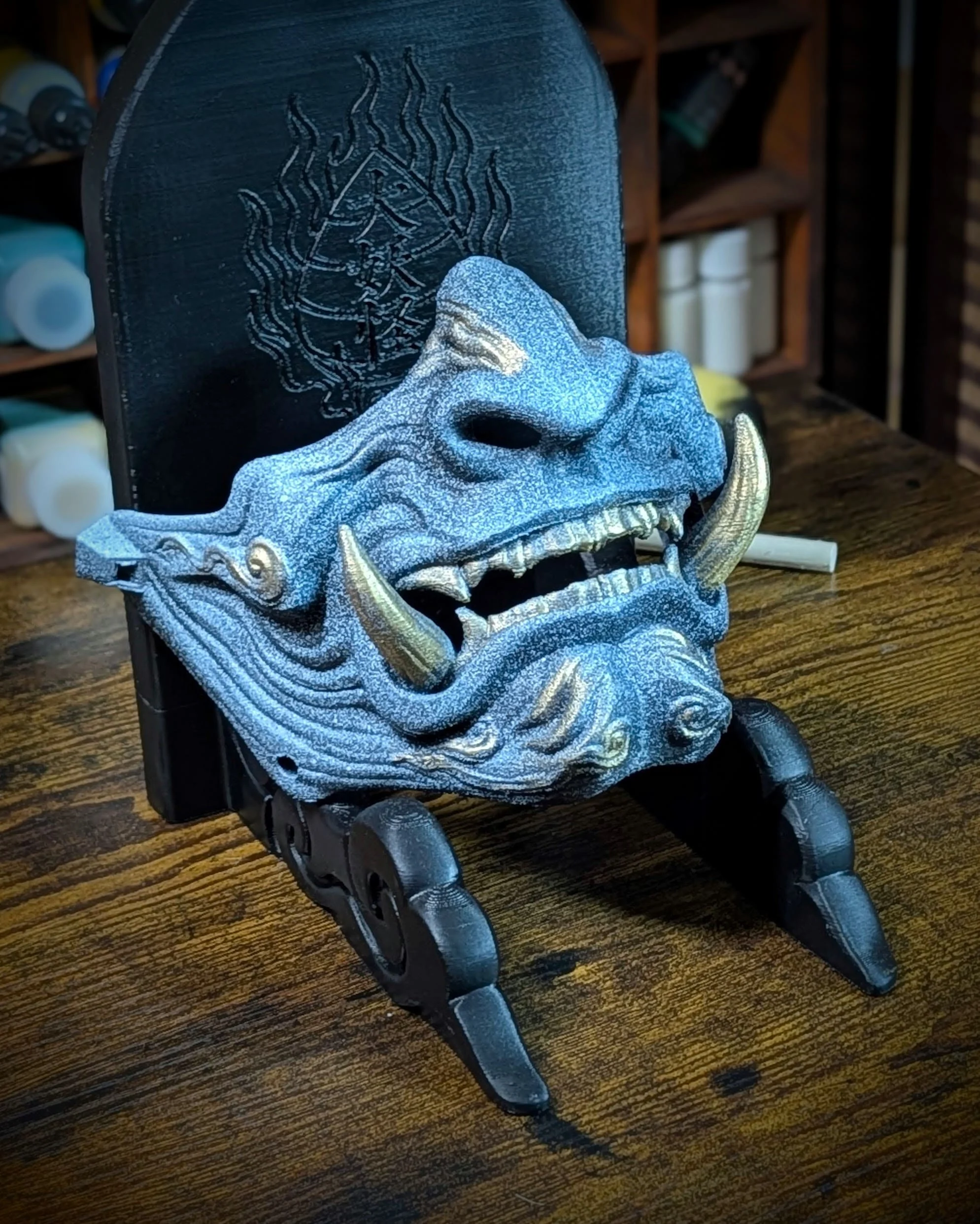 Demi-masque Mempo Oni bleu, vue 2