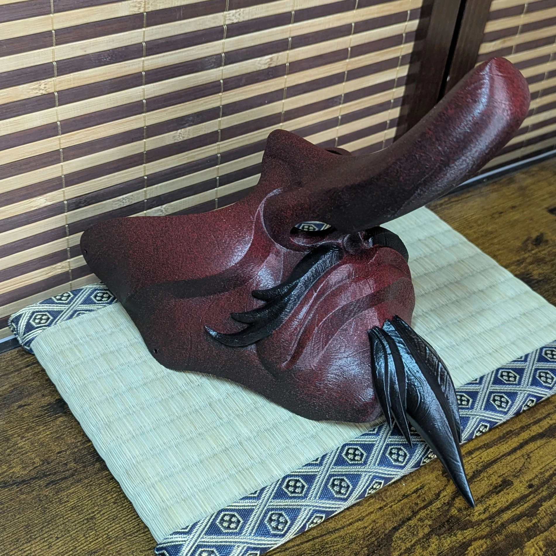 Hand-painted Tengu half-mask, handmade Japanese half-mask by Dai Yokai