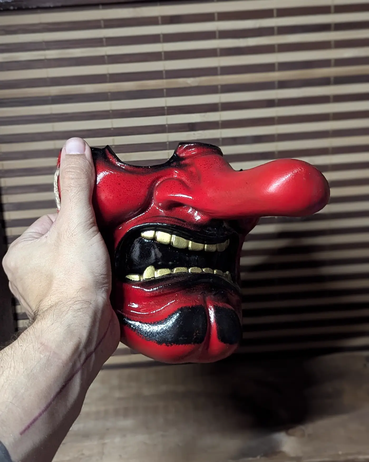 Traditional Tengu Half Mask, Red, handmade Japanese half-mask by Dai Yokai
