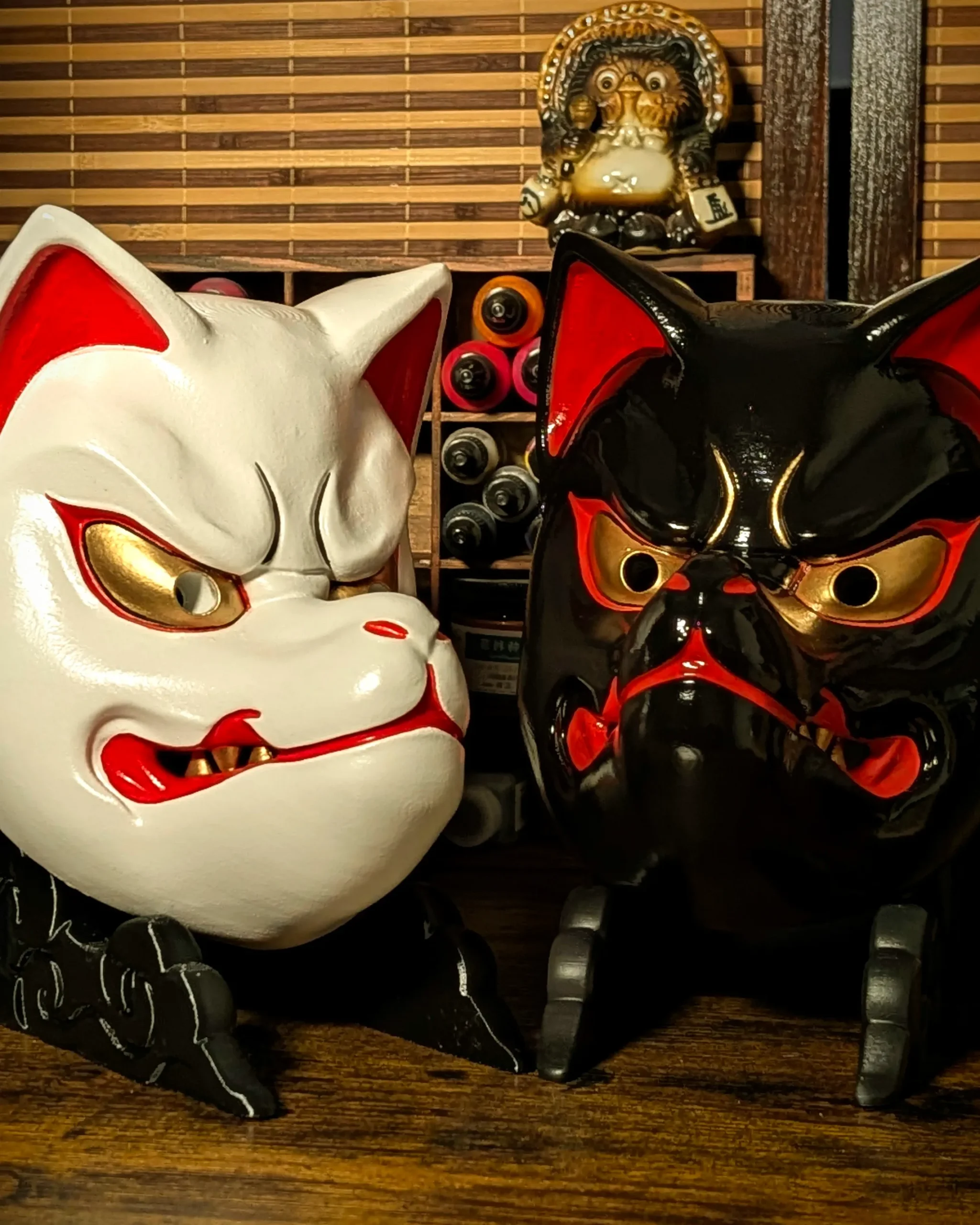 Black and White Kitsune Mask Duo, White, handmade Japanese mask by Dai Yokai