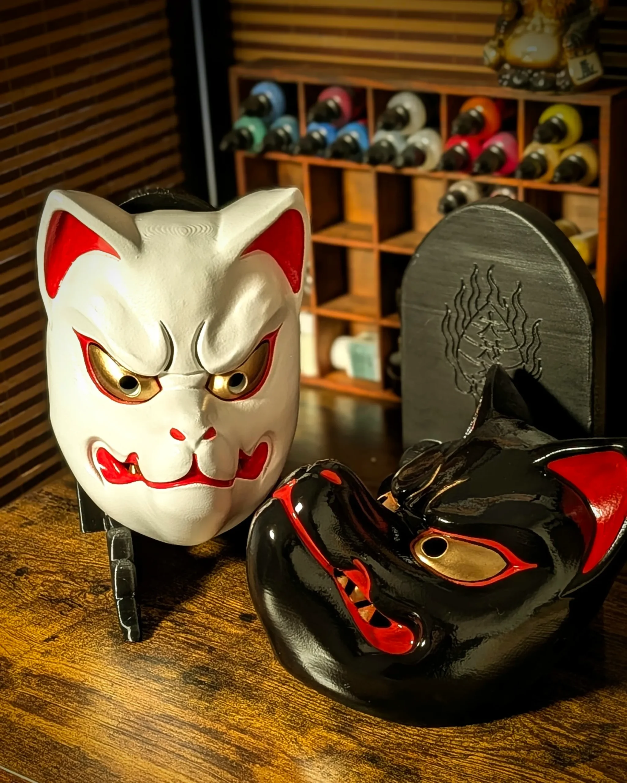 Black and White Kitsune Mask Duo, White, handmade Japanese mask by Dai Yokai