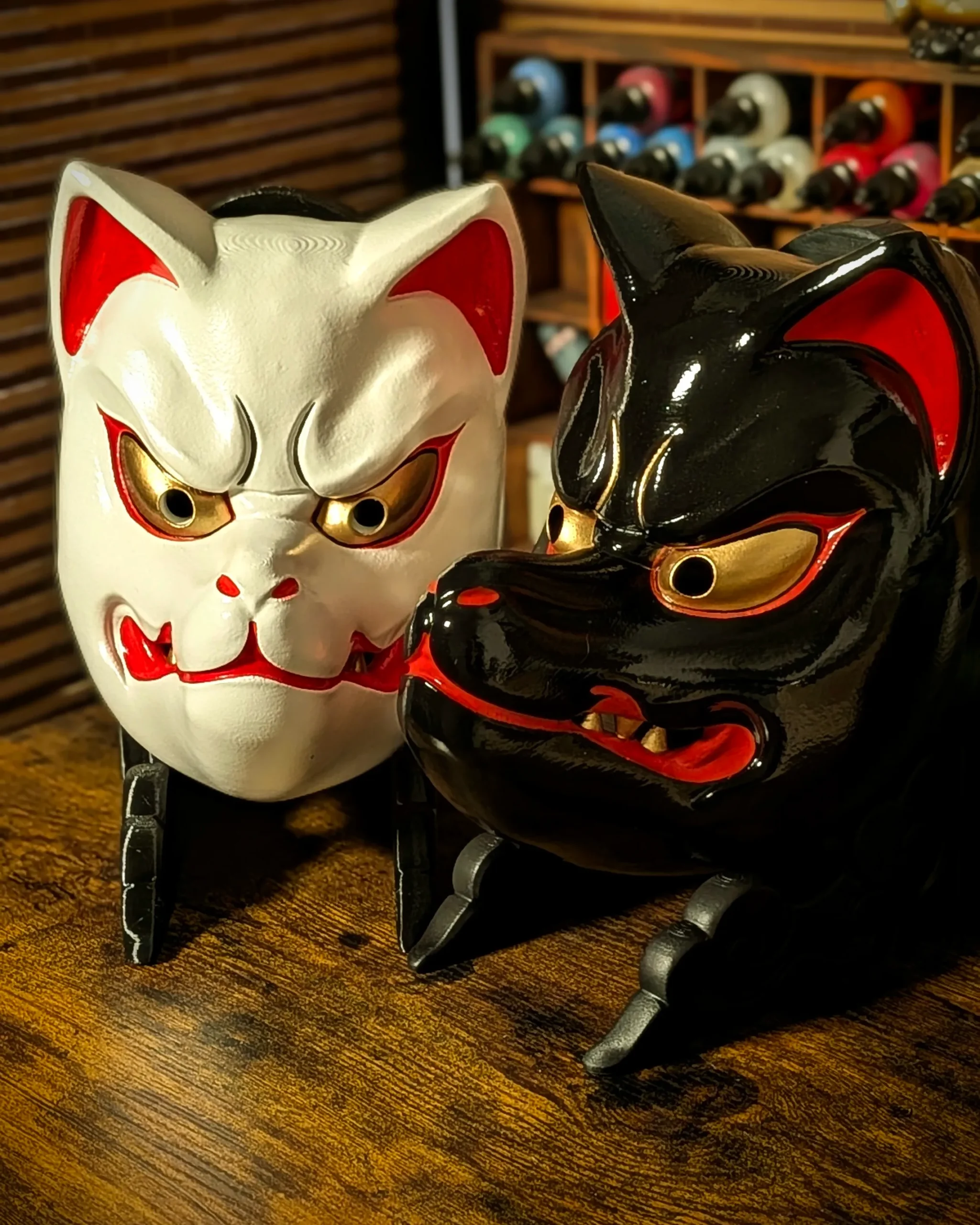 Black and White Kitsune Mask Duo, White, handmade Japanese mask by Dai Yokai