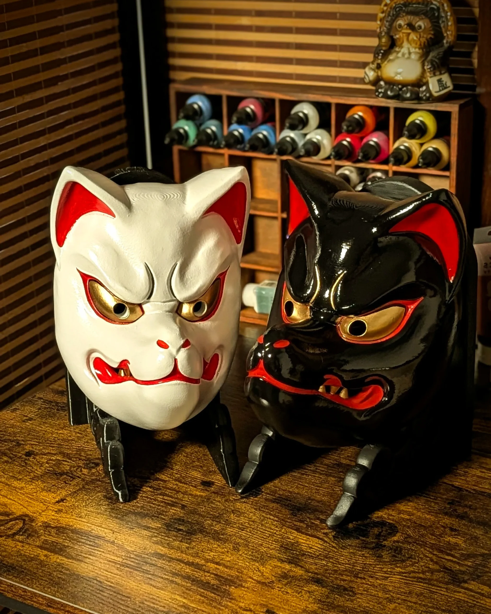 Black and White Kitsune Mask Duo, White, handmade Japanese mask by Dai Yokai