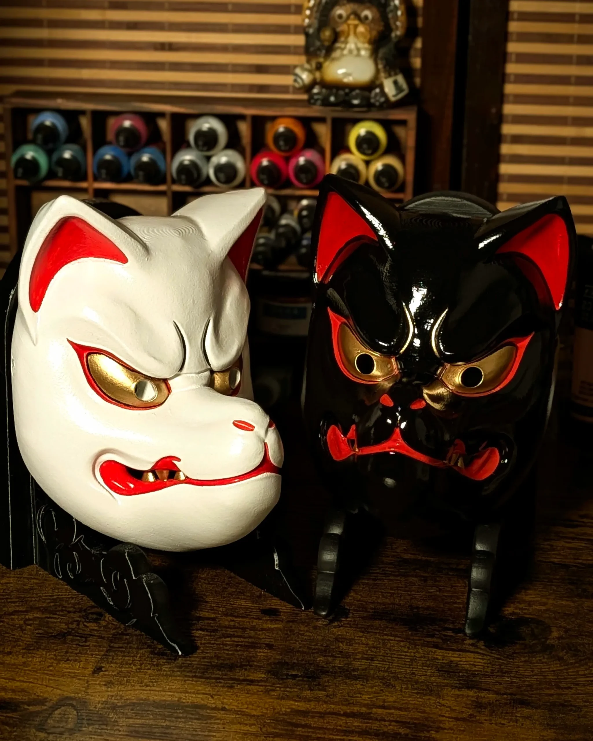 Black and White Kitsune Mask Duo, White, handmade Japanese mask by Dai Yokai