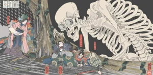 Detalle del tríptico de Kuniyoshi con Takiyasha-hime invocando un espectro esqueleto gigante