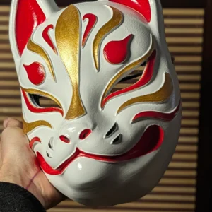 Masque Kitsune moderne blanc et or, masque japonais fait main par Dai Yokai.