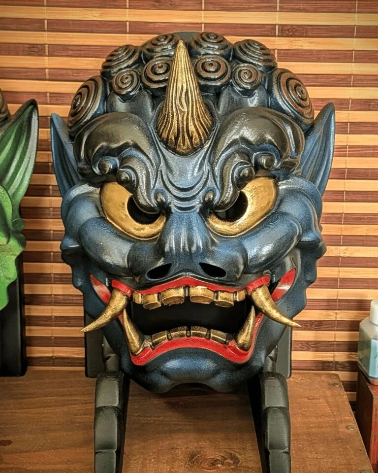 Hand-painted Traditional blue Fujin Wind God mask