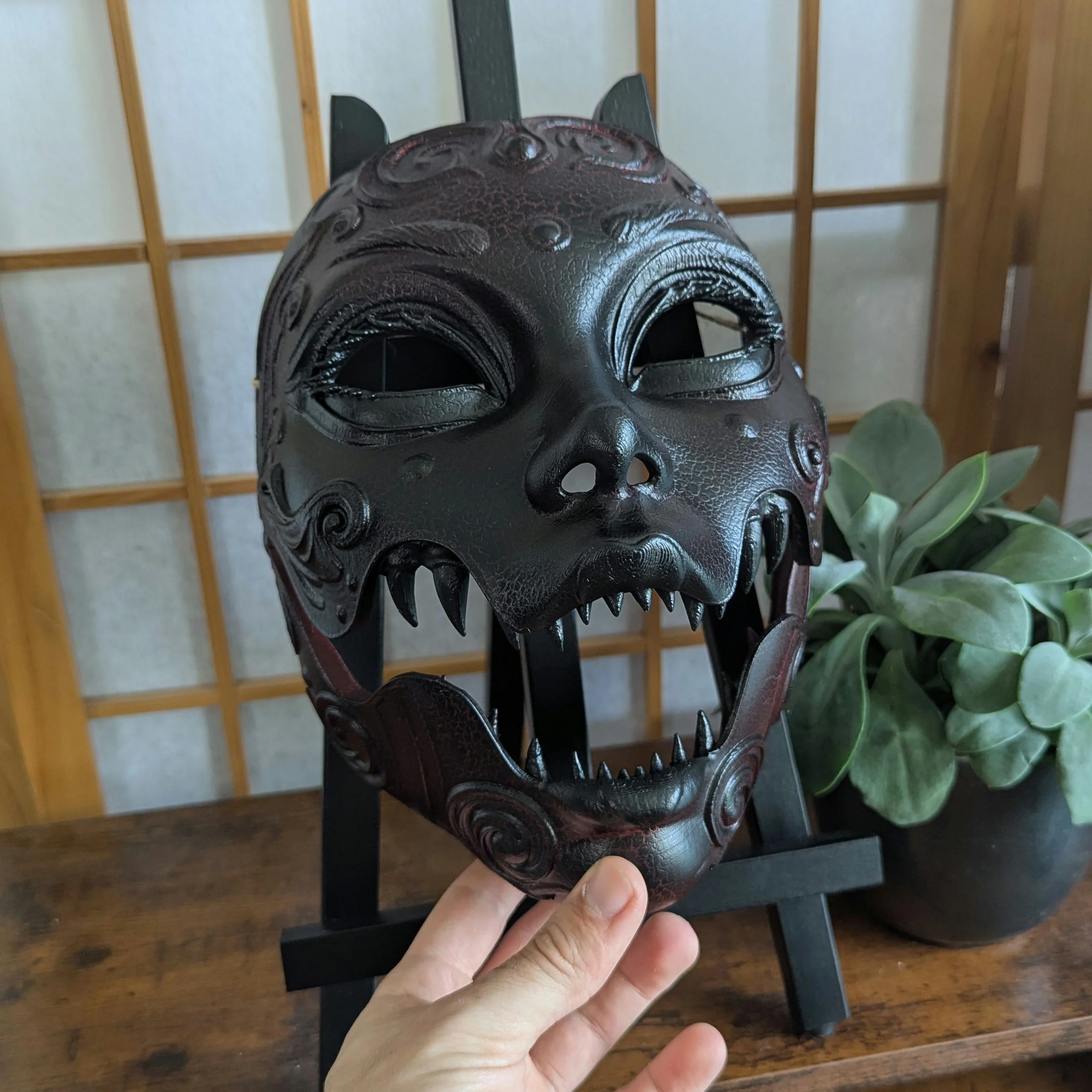 Articulated Geisha Horror Mask, Cracked white, handmade Japanese mask by Dai Yokai