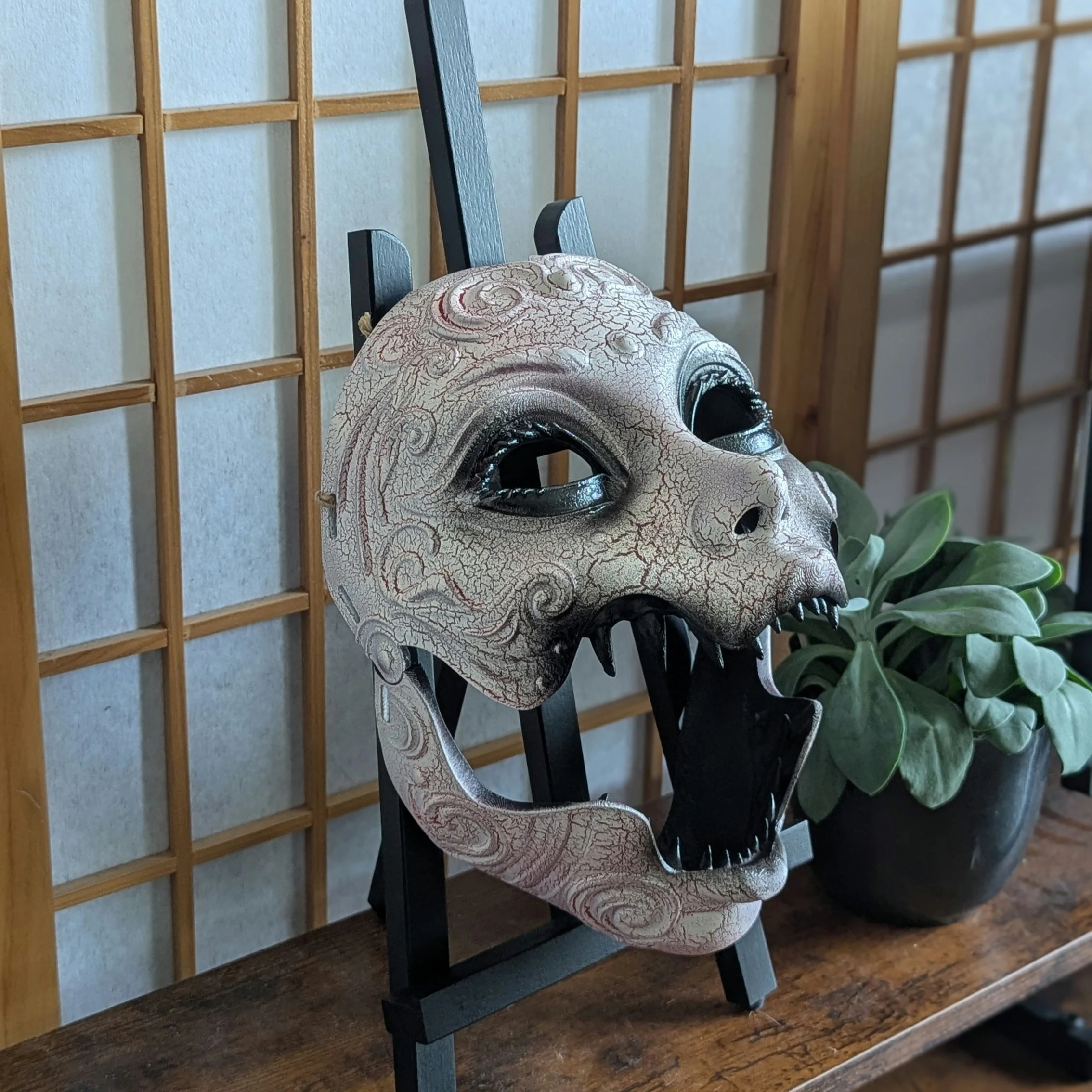 Articulated Geisha Horror Mask, Cracked white, handmade Japanese mask by Dai Yokai
