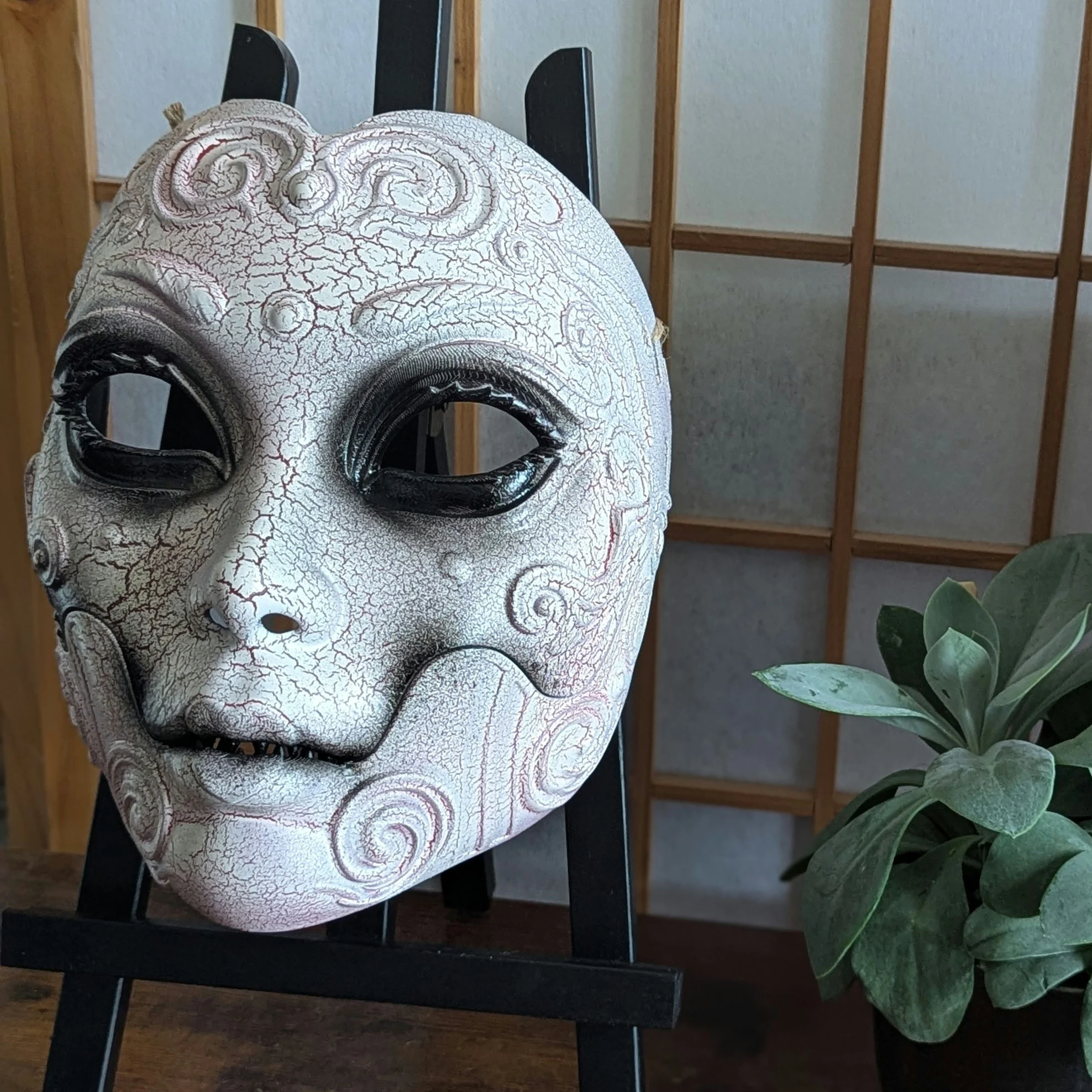 Articulated Geisha Horror Mask, Cracked white, handmade Japanese mask by Dai Yokai