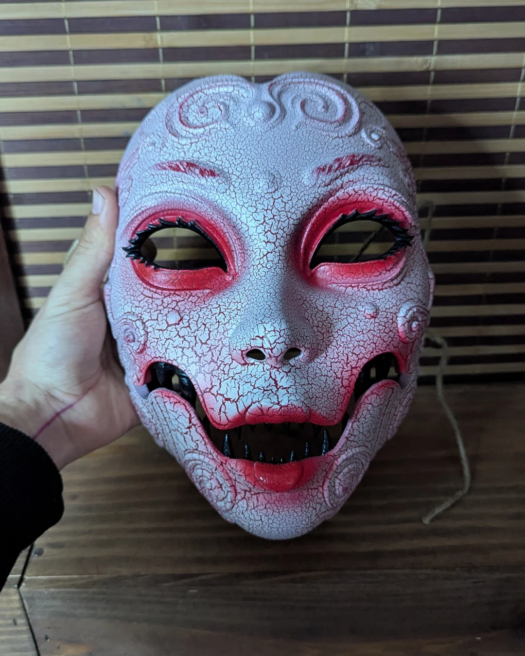 Articulated Geisha Horror Mask, Red, handmade Japanese mask by Dai Yokai