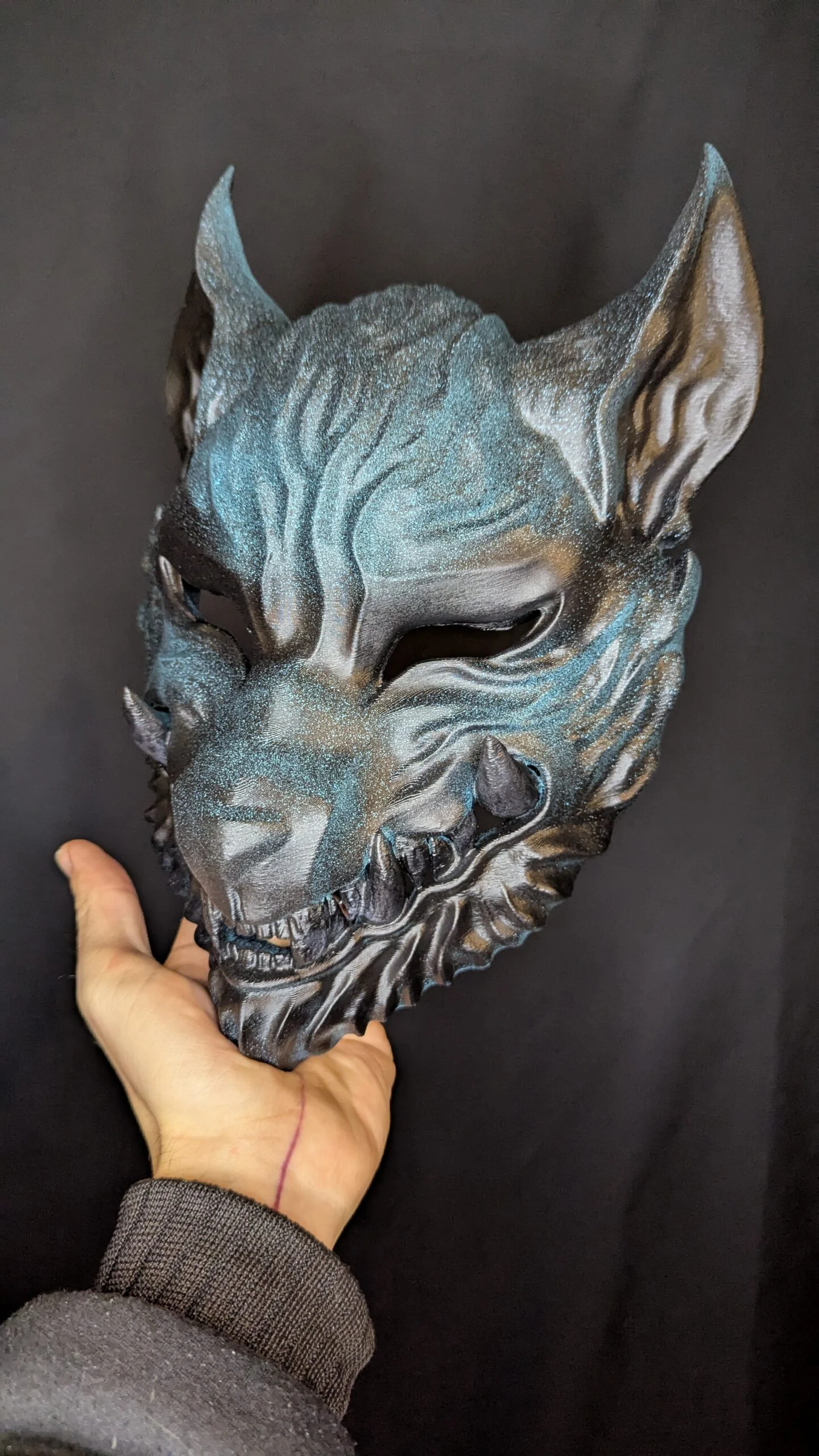 Ōkami Japanese Wolf Mask, Black, handmade Japanese mask by Dai Yokai