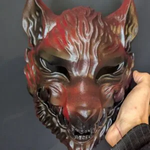 Masque Ōkami loup japonais rouge, masque japonais fait main par Dai Yokai.