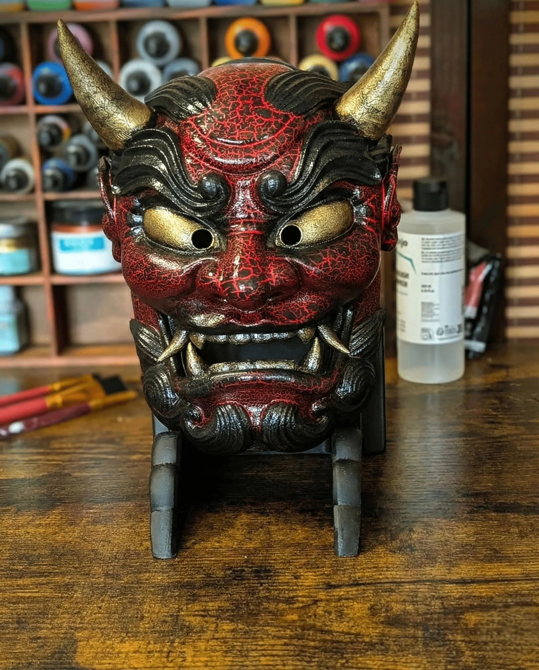 Oni Gawara Mask, Red, handmade Japanese mask by Dai Yokai