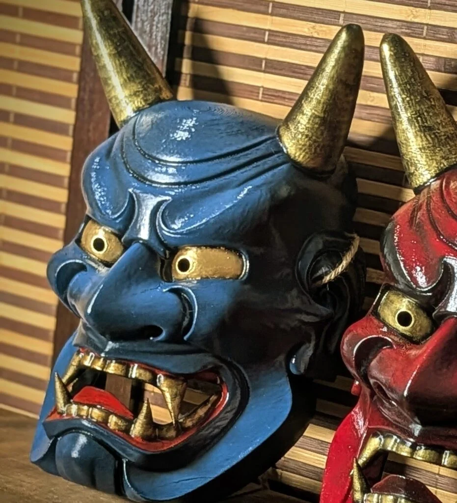 Masque Oni Ondeko bleu fait main, peint à la main par Dai Yokai