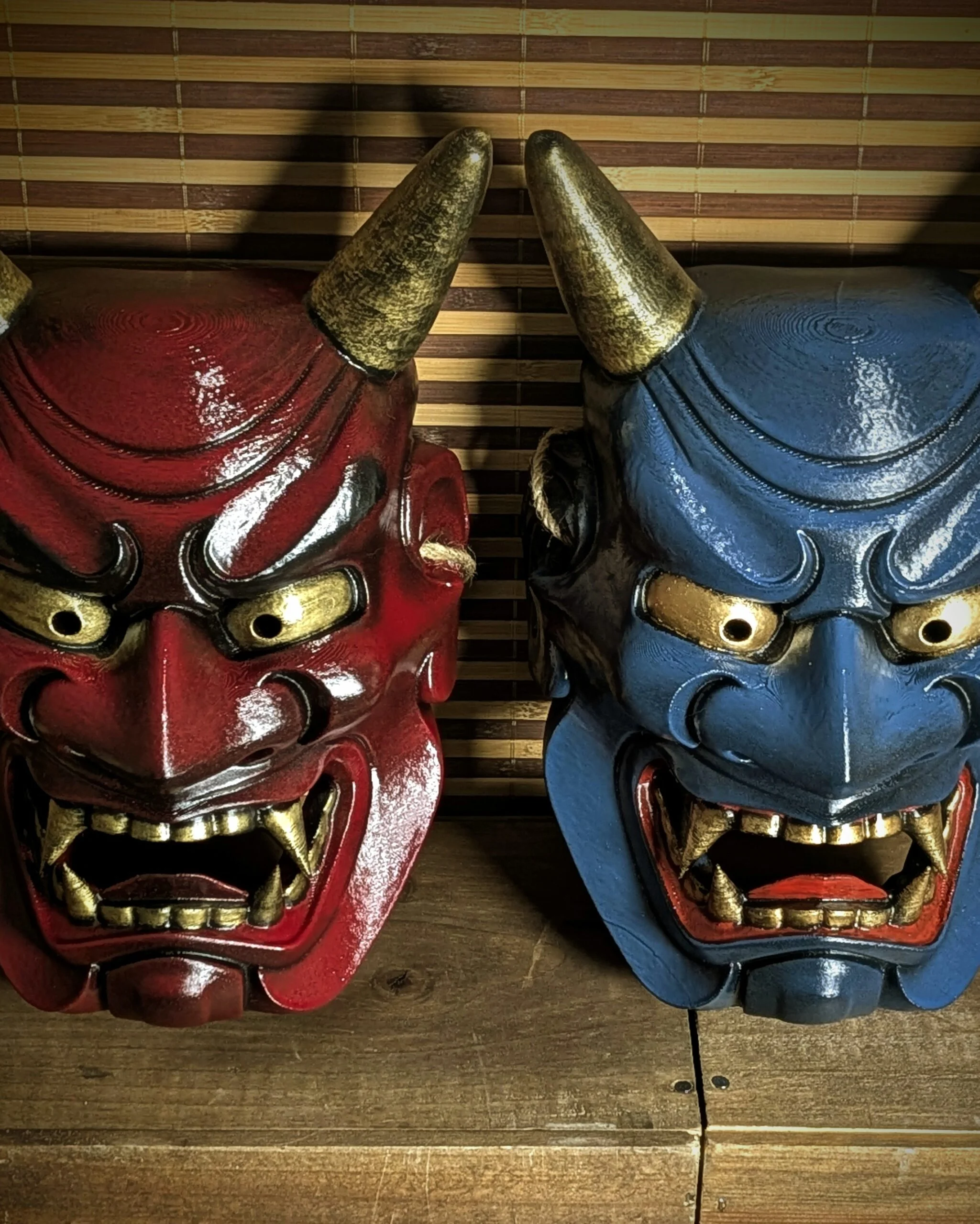 Oni Ondeko Mask Duo, Red and Blue, Red, handmade Japanese mask by Dai Yokai