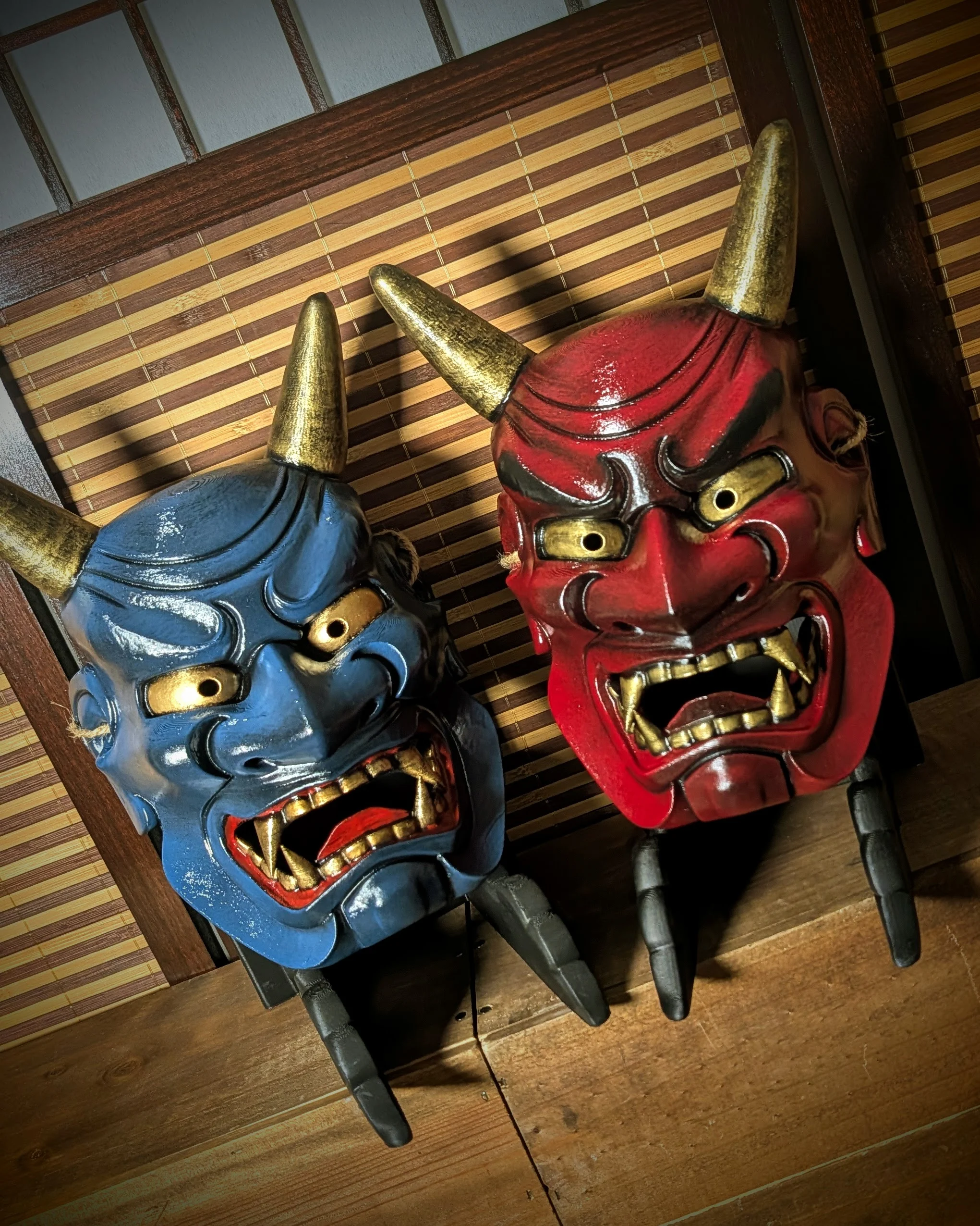 Oni Ondeko Mask Duo, Red and Blue, Red, handmade Japanese mask by Dai Yokai