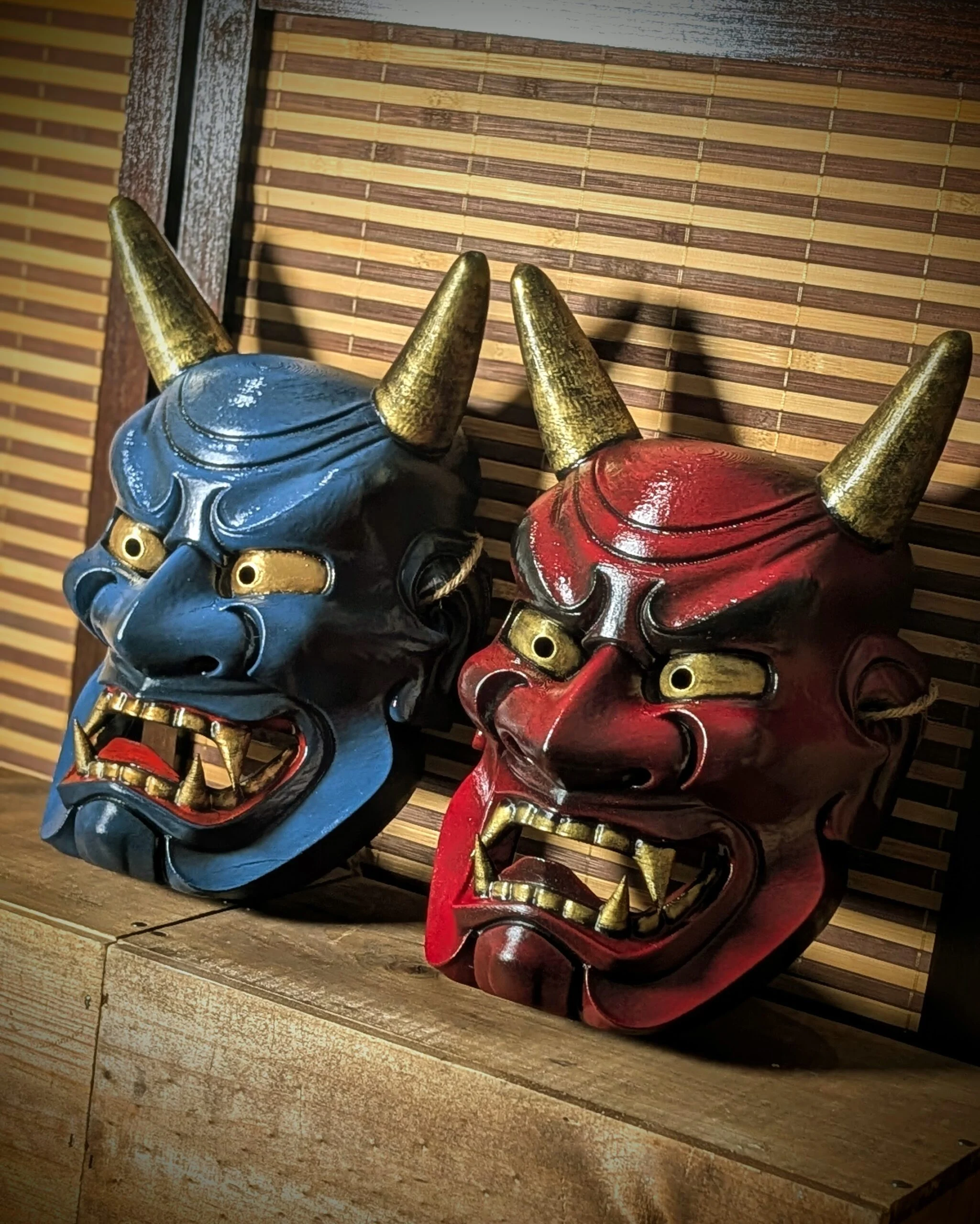 Oni Ondeko Mask Duo, Red and Blue, Red, handmade Japanese mask by Dai Yokai