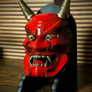 Masque Oni Ondeko rouge japonais fait main, démon protecteur de Sado