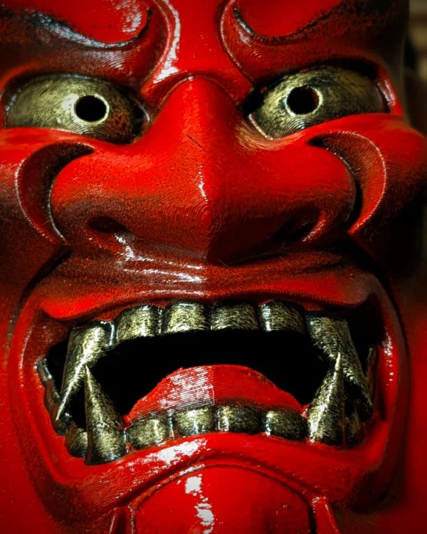 Máscara Oni Ondeko roja hecha a mano por Dai Yokai
