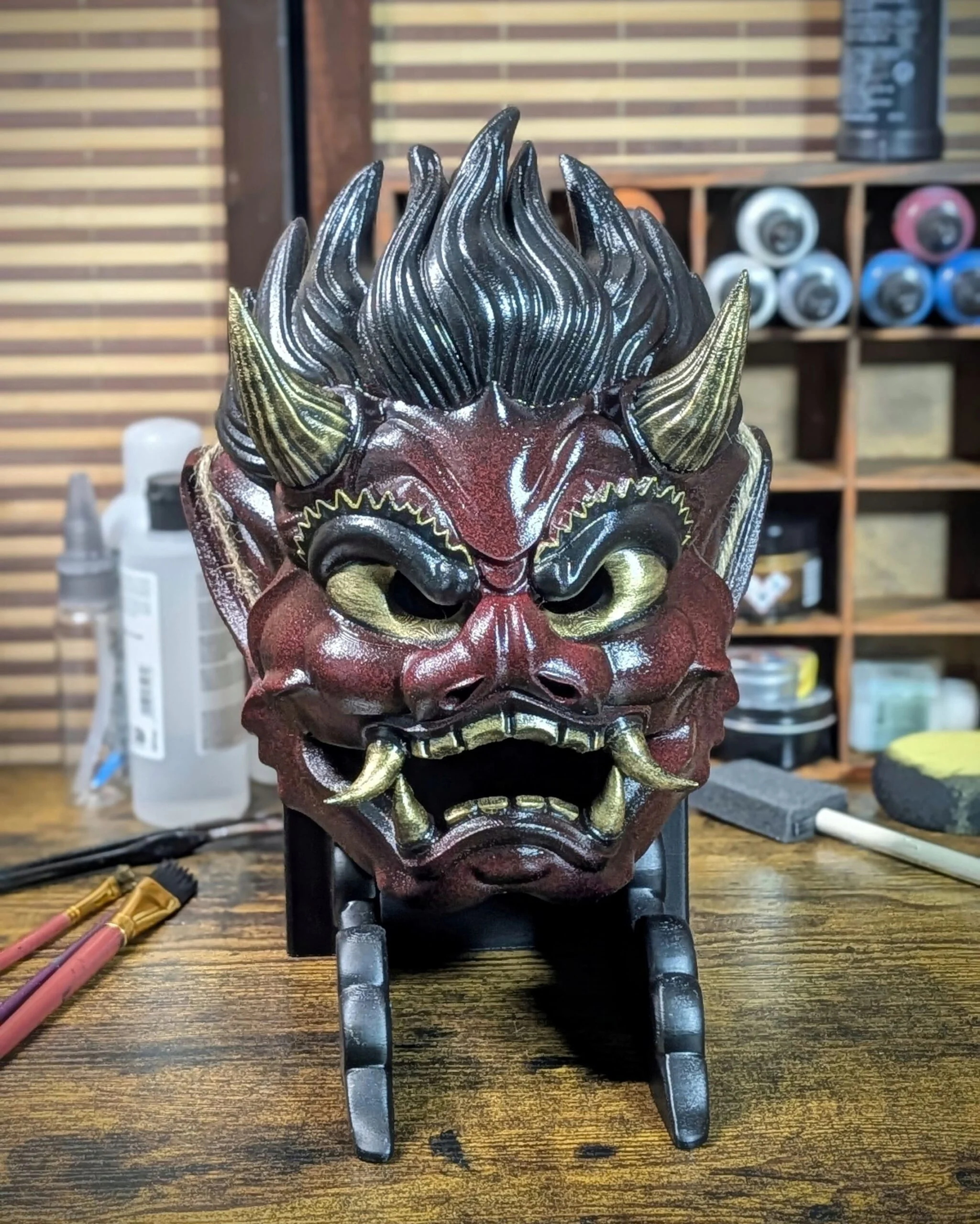 Red Raijin Thunder God Mask, Red, handmade Japanese mask by Dai Yokai