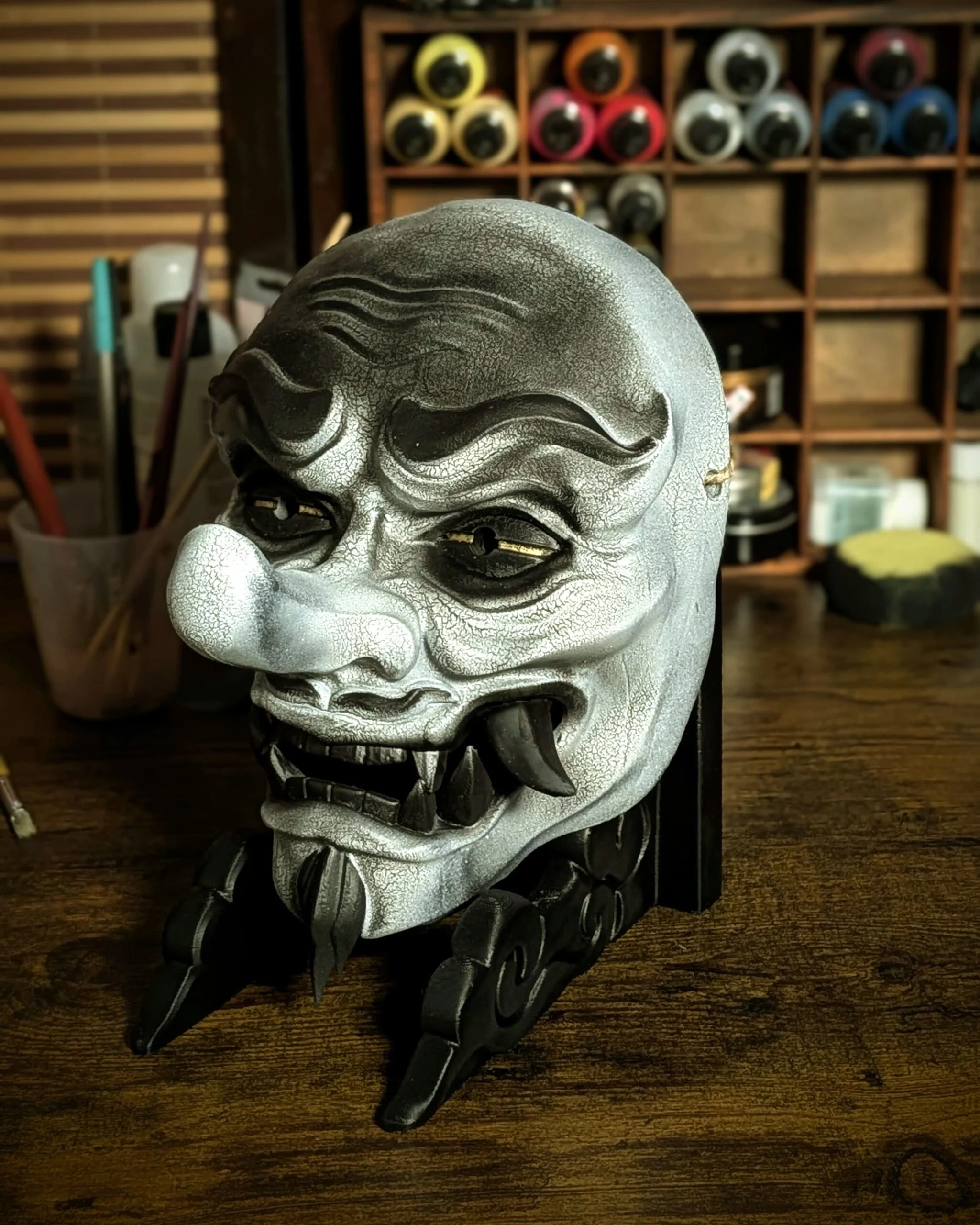 Tengu Mountain Spirit Mask, White, handmade Japanese mask by Dai Yokai