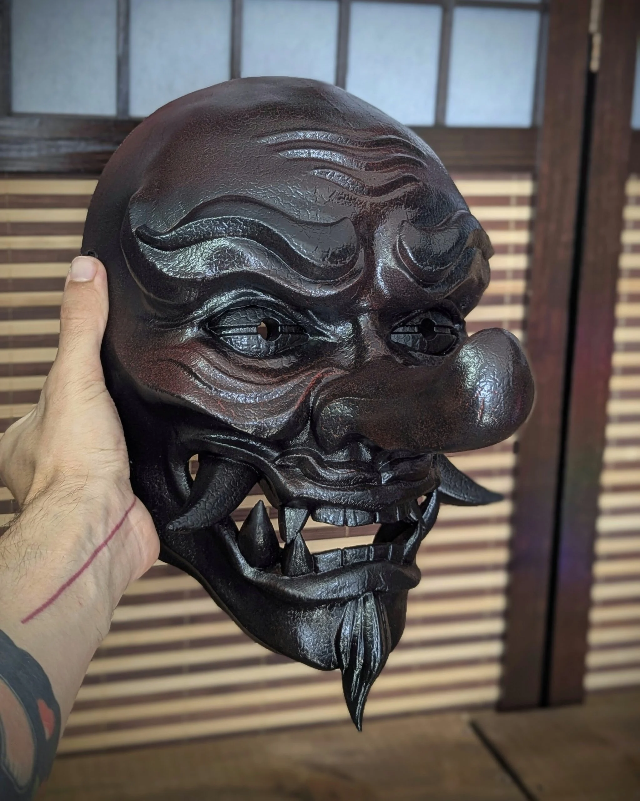 Tengu Mountain Spirit Mask, Red, handmade Japanese mask by Dai Yokai