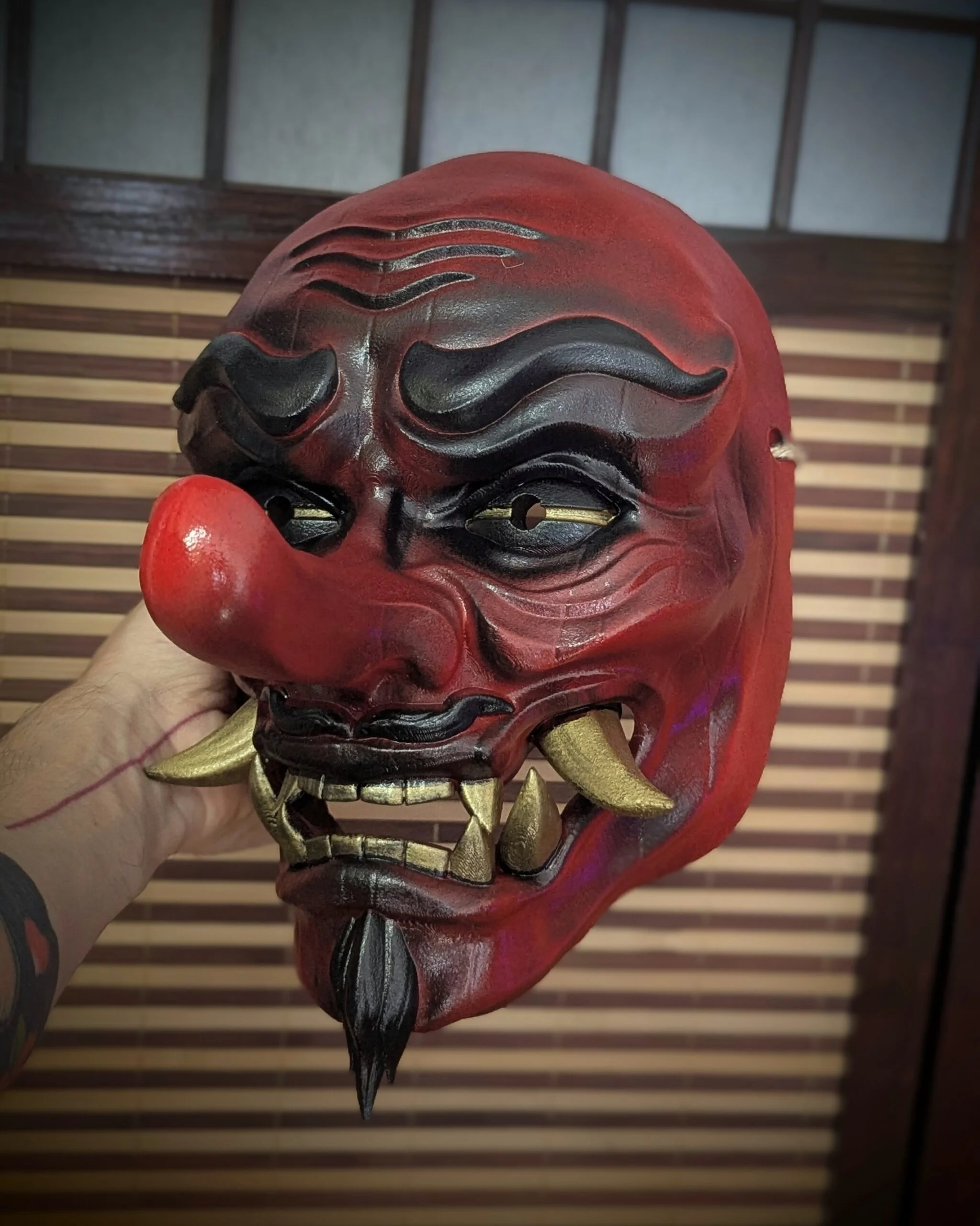 Tengu Mountain Spirit Mask, Red, handmade Japanese mask by Dai Yokai