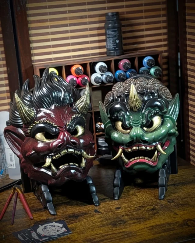 Masques Raijin et Fūjin Dai Yokai, figures du tonnerre et du vent aux traits inspirés des Oni
