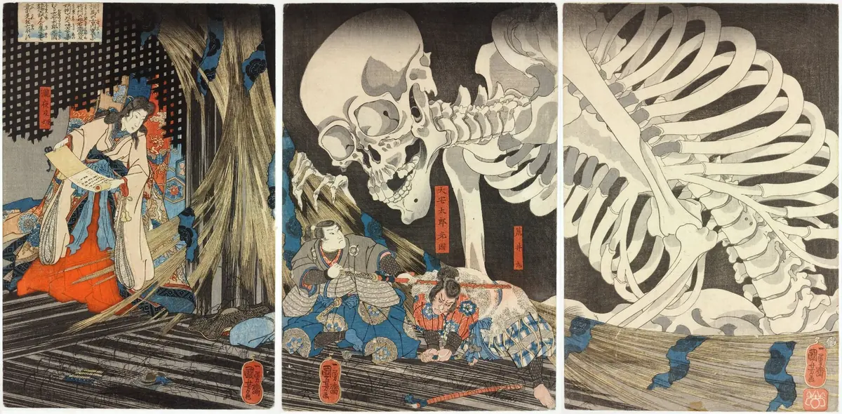 Kuniyoshi-Triptychon mit Takiyasha-hime und einem riesigen Skelettgespenst