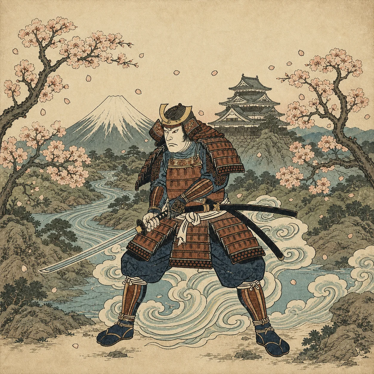 Armoured samurai with swords in a Japanese landscape