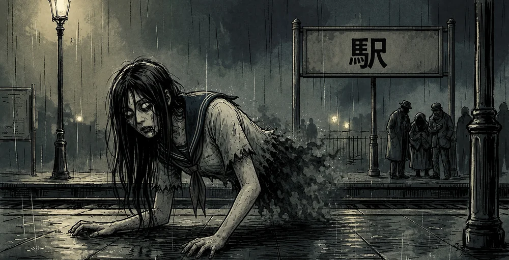 Illustration der Teke-Teke-Legende: ein weiblicher Geist ohne Unterkörper an einem japanischen Bahnhof