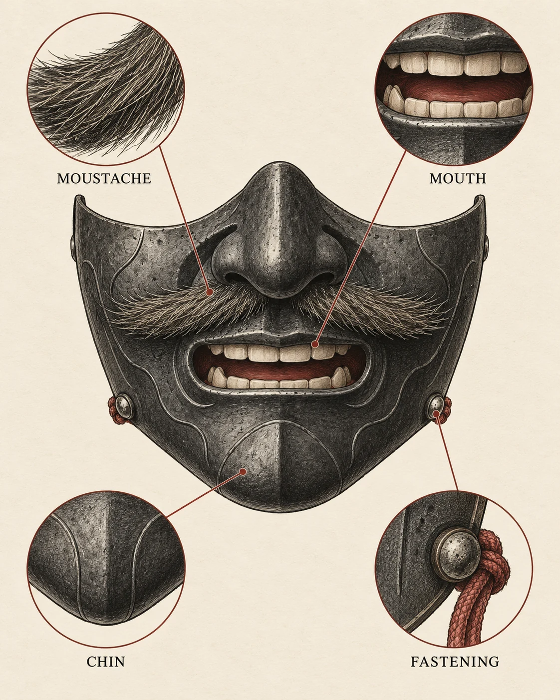 Drawing of a menpo half mask with close-up studies of its chin, moustache, mouth and side fastening.