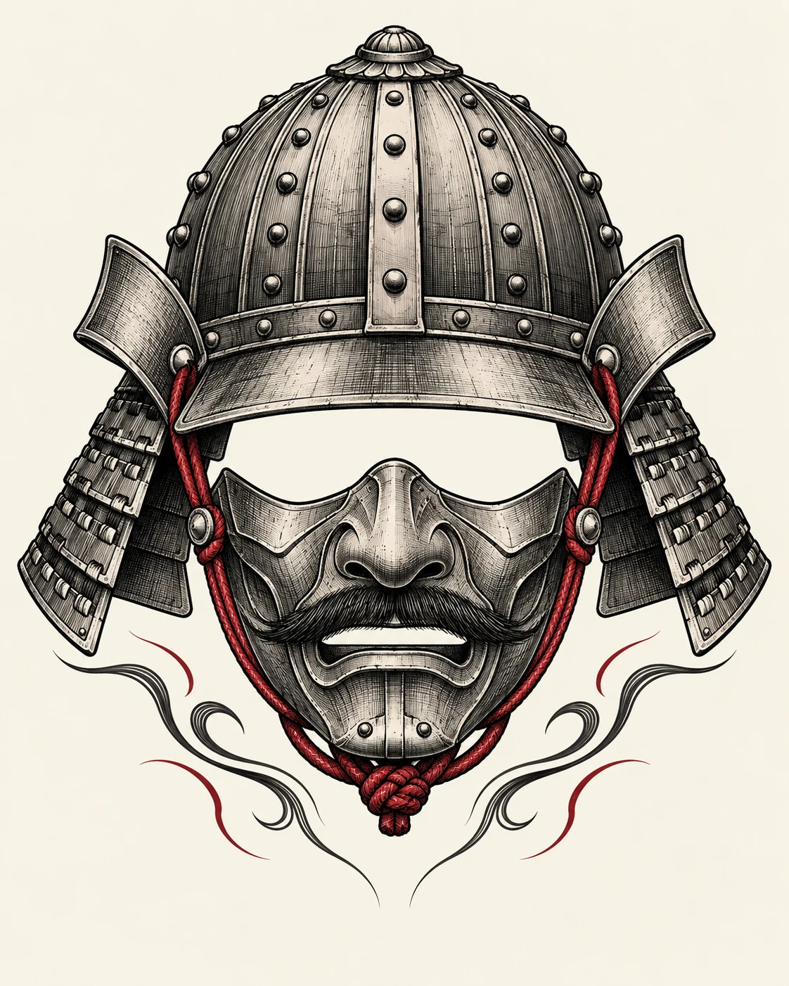 Drawn composition combining a kabuto helmet and a moustached half mask with red cords.
