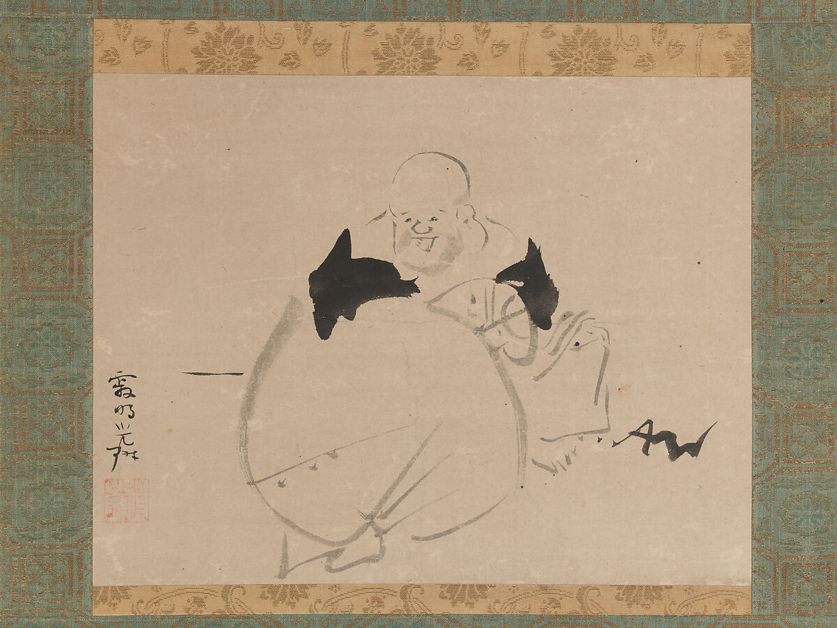 Pintura a tinta de Hotei sorridente, apoiado no seu grande saco, da autoria de Ogata Kōrin.