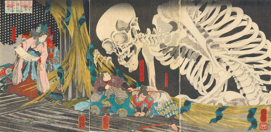 Triptyque de Kuniyoshi montrant Takiyasha à gauche et un squelette géant surgissant devant deux hommes.
